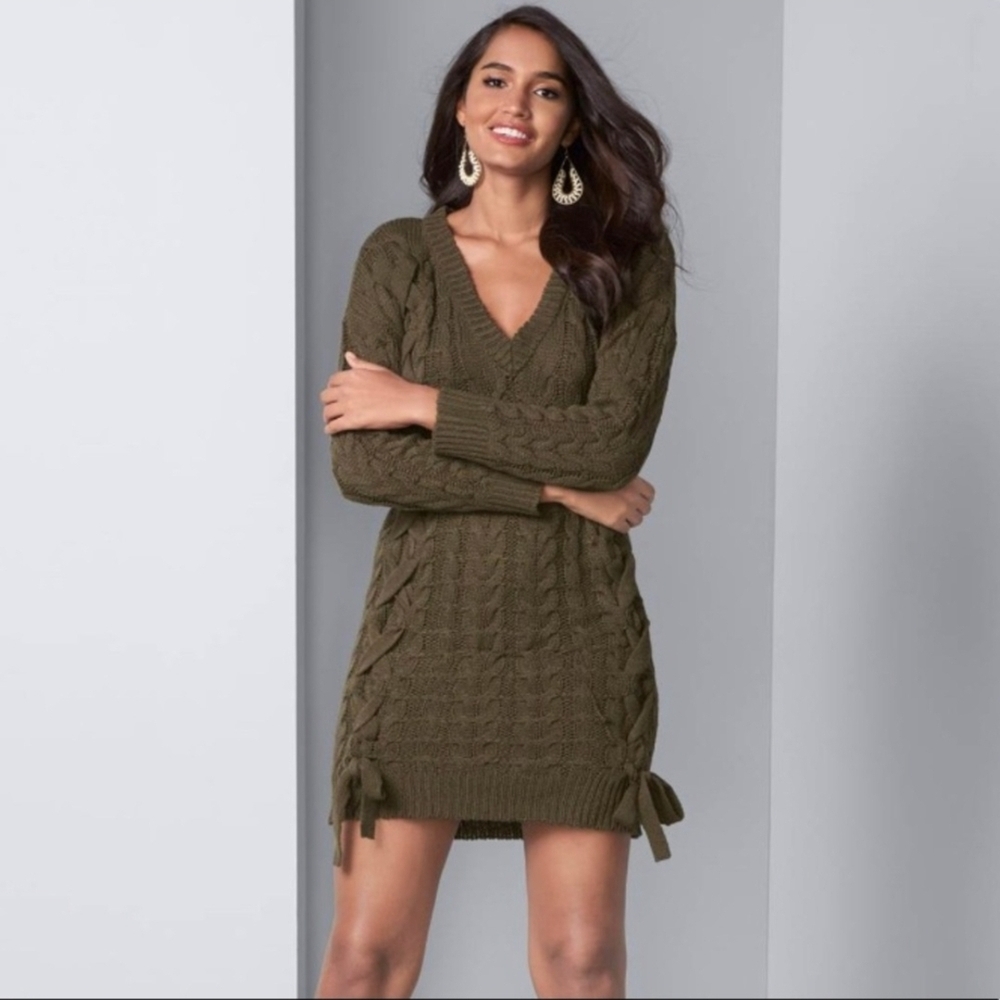 VENUS Olive Cable Knit Mini Dress
